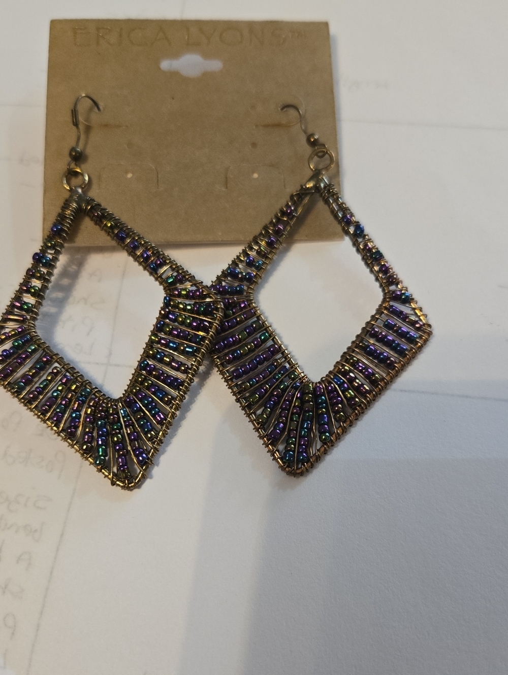 Erica Lyons Iridescent Purple Blue Green Beaded Diamond Hoop Earrings